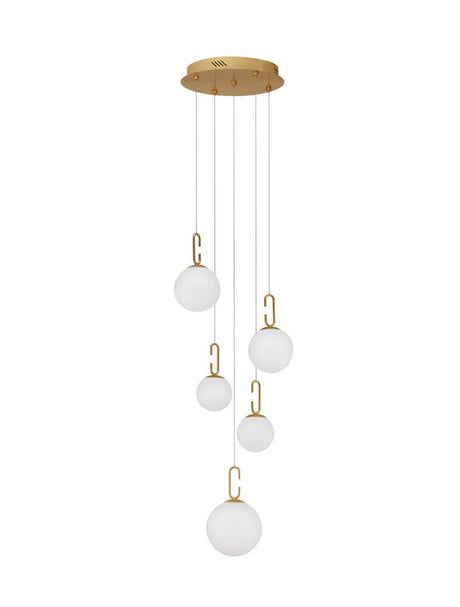 Krog LED 5-pære pendel Ø 42cm 3000K børstet guld, hvid med fem hængende glaskugler