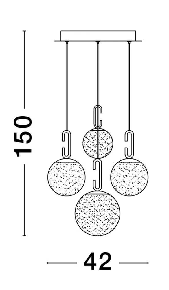 Technische Zeichnung der Hook LED Pendelleuchte 5-flammig Ø 42cm 3000K Gold-Gebürstet, Weiß mit Maßen.