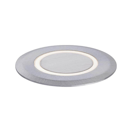 House LED Bodeneinbauleuchte Rund Gebürsteter Edelstahl IP67 mit warmweißem Licht für Außenbereiche.