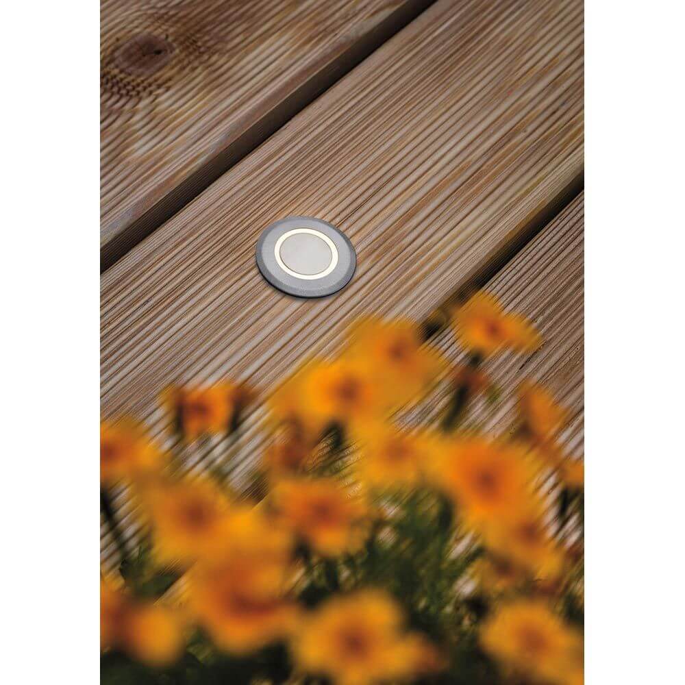 House LED Bodeneinbauleuchte Rund Gebürsteter Edelstahl IP67 auf Holzuntergrund mit Blumen im Vordergrund