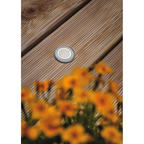House LED Bodeneinbauleuchte Rund Gebürsteter Edelstahl IP67 auf Holzuntergrund mit Blumen im Vordergrund
