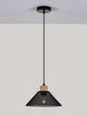 Ian Pendelleuchte E27 Schwarz in modernem Design mit schwarzem Metall und Holz-Element.