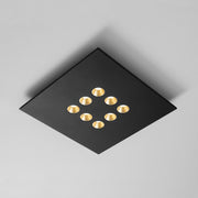 Icone LED Deckenleuchte Confort 8Q Schwarz mit neun runden LED-Spots in quadratischem schwarzem Design, Ansicht von unten