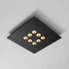 Icone LED Deckenleuchte Confort 8Q Schwarz mit neun runden LED-Spots in quadratischem schwarzem Design, Ansicht von unten