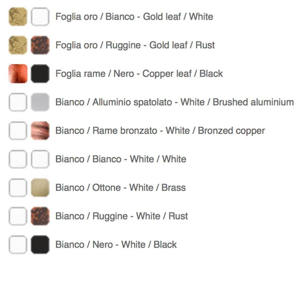 Farbpalette für Icone LED Deckenleuchte Vera: Gold, Kupfer, Aluminium, Bronze, Weiß, Schwarz und Rosttöne.
