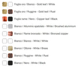 Farbpalette für Icone LED Deckenleuchte Vera: Gold, Kupfer, Aluminium, Bronze, Weiß, Schwarz und Rosttöne.