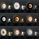 Verschiedene Designs der LED-Deckenleuchte Vera in Schwarz, Weiß, Gold und Kupfer auf schwarzem Hintergrund.