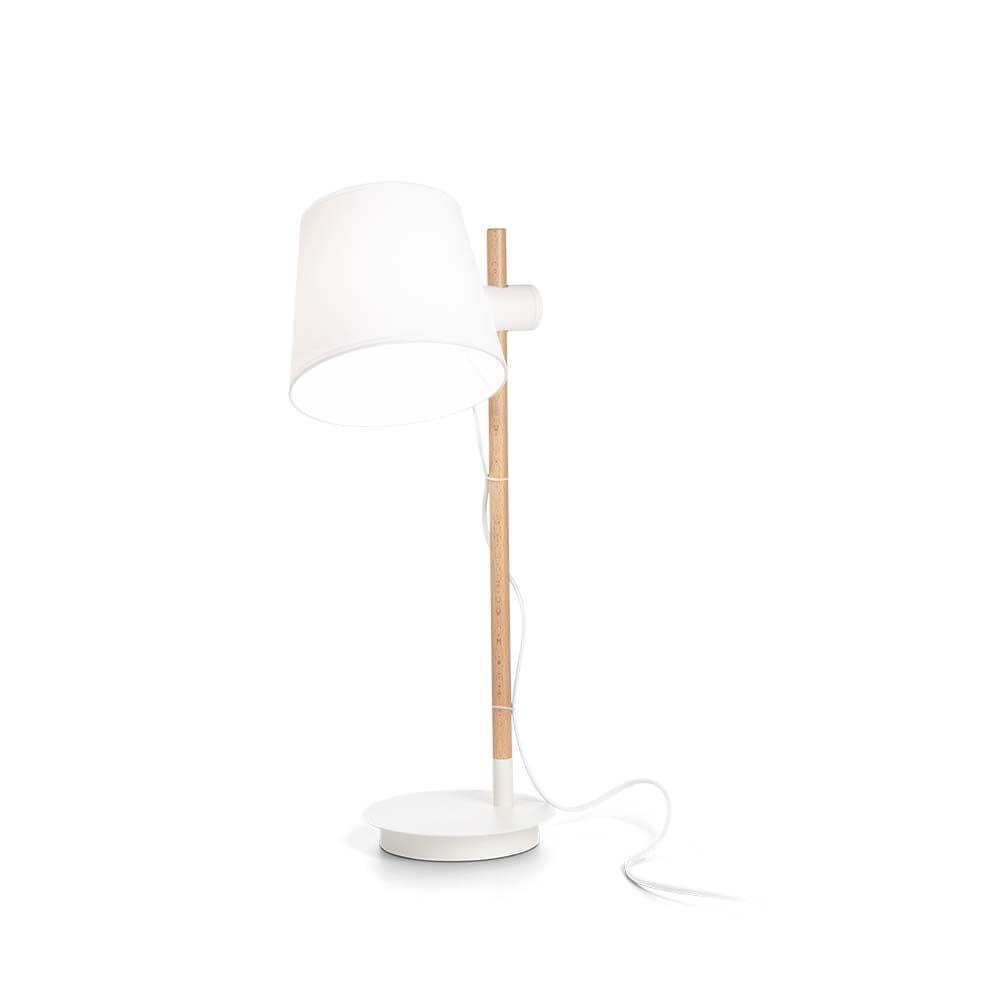 Axel Holz Tischlampe mit weißem Lampenschirm und Holzstangenfuß für stilvolle Beleuchtung.