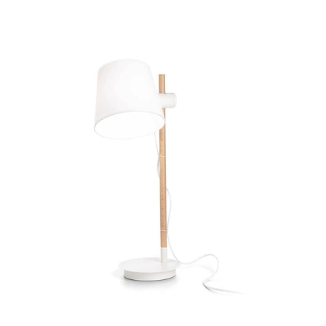Axel wooden table lamp with white lampshade and wooden rod base for stylish lighting.