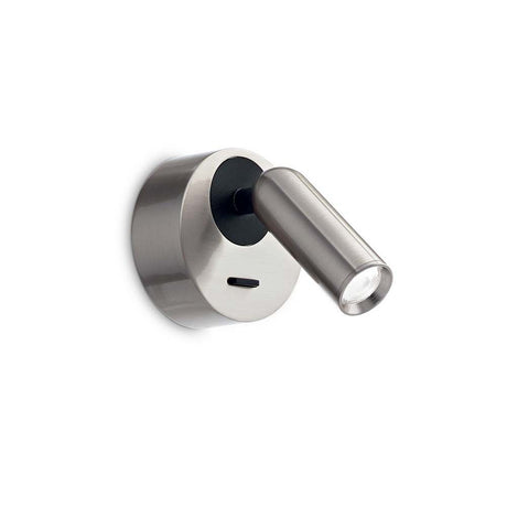 Bean Rund LED Wandspot in modernem Design mit verstellbarem Lampenkopf und gebürstetem Nickel-Finish.