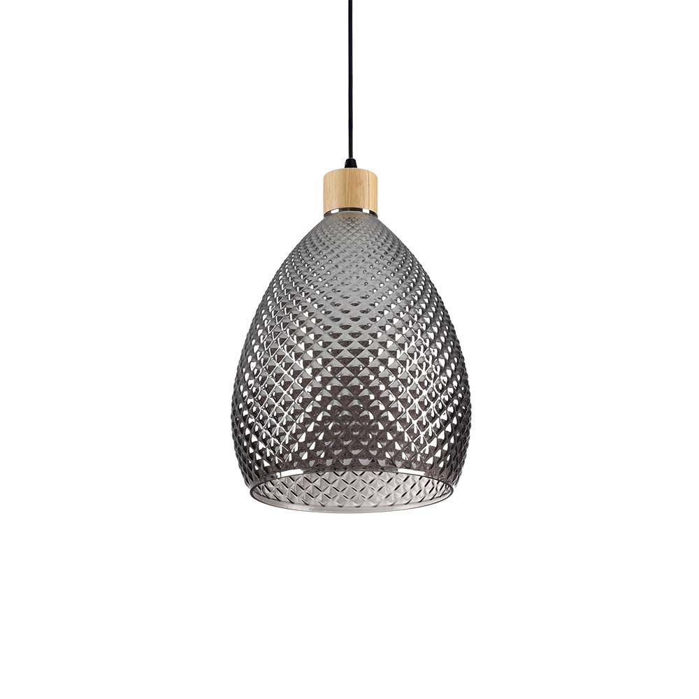 Bergen Glas Pendellampe mit geometrischem Design und Holzdetails, ideal für moderne Wohnräume.