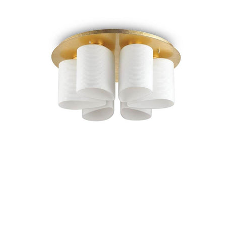 Plafonnier Daisy avec rosace de plafond dorée et abat-jours blancs au design moderne.