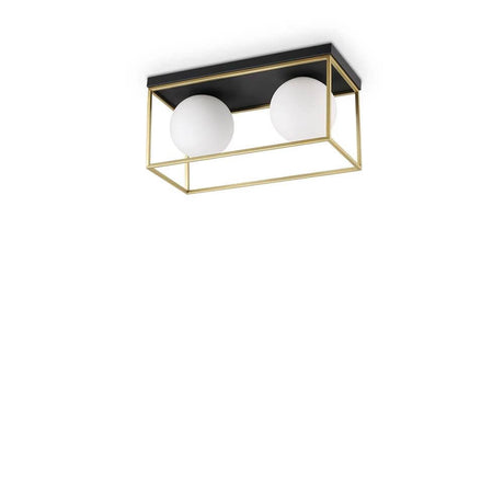 Deckenlampe Lingotto 2-flammig Messing, Schwarz mit opalglaskugeln und schwarz-goldenem Design