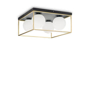 Lingotto loftslampe 4-pærer af messing, sort med fire opalglaskugler i messingbur.