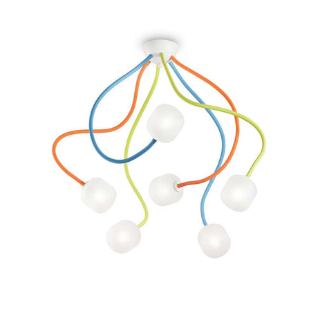Deckenleuchte Octopus Pl6 Color mit bunten Kabeln und kugelförmigen Leuchten für modernes Wohndesign.