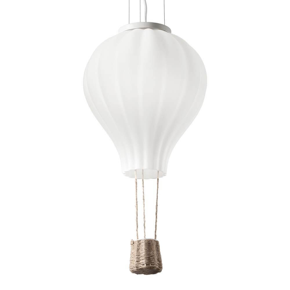 Dream Big Ballon Pendelleuchte in Form eines Heißluftballons mit weißem Lampenschirm.