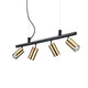 Dynamite Pendel-Balkenstrahler 4-flammig mit goldenen Lampenschirmen und schwarzem Gestell.