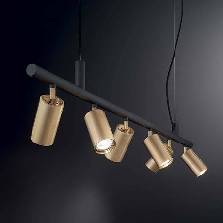 Dynamite 6-light pendant light spotlights in an elegant design with gold spotlights on a black beam.