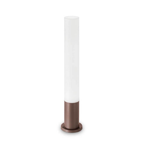 Edo Außen Pollerleuchte IP44 in modernem Design mit einem weißen Zylinderglas und braunem Sockel.