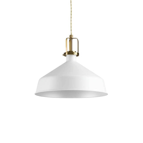 Eris Pendelleuchte Metall in Weiß mit goldenem Halter und gehängtem Kabel.