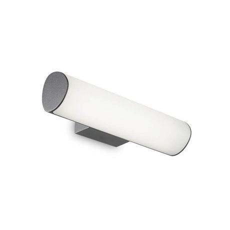 Etere LED Wandleuchte in modernem Design mit weißen Lampenschirm und grauer Wandhalterung.