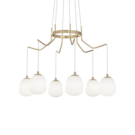 Karousel hængelampe, 6 pærer. Satin messing med seks enkle, elegante glaskugler.