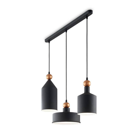 Triade 3-light pendant lamp in grey and black with modern lampshades in black and copper details