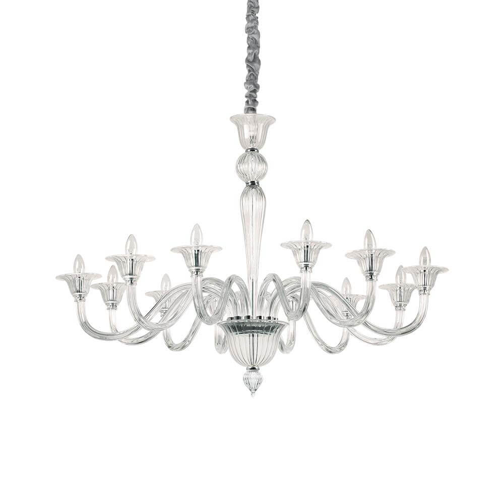Hängeleuchte Brigitta 12-flammig Transparent, Chrom an Decke hängend, elegantes Design mit Glasdetails.