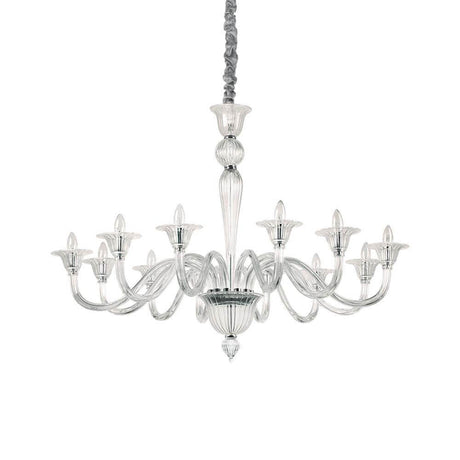 Brigitta 12-pære hængelampe, gennemsigtig, krom hængende fra loftet, elegant design med glasdetaljer.