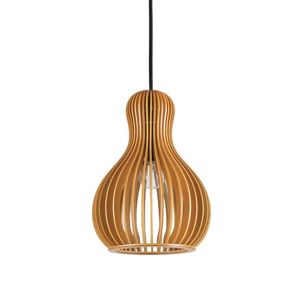 Hängeleuchte Citrus-3 Sp1 aus Holz, natürliche Holzdecke mit lackiertem Mehrschichtholz und schwarzem Stoffkabel.