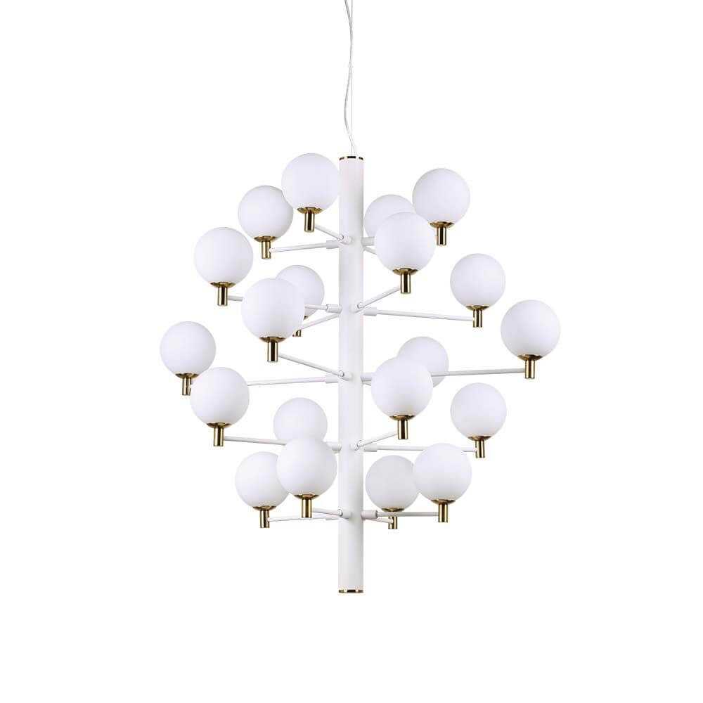 Hängeleuchte Copernico 20-flg. Weiß mit kugelförmigen Opalglas-Diffusoren in elegantem Design.