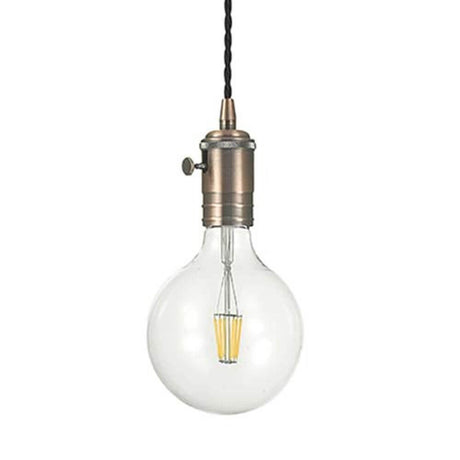 Hängeleuchte Doc Sp1 Retro Kupfer-Antik mit gläserner Leuchtmittel und schwarzem Kabel.