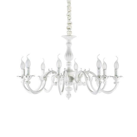 Justine 8-pære hængende lys. Hvid, elegant hvid loftslampe med otte stearinlys.