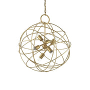 Konse Sp6 pendant light with a golden wire basket design and modern bulbs.