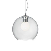 Hängeleuchte Clear Sp1 D30 aus transparentem Glas mit verchromtem Metallgestell, moderne Pendelleuchte in Kugelform