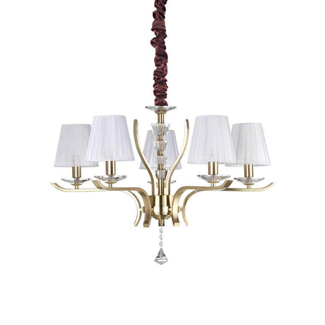 Aesthetic Pegaso 5-light pendant lamp in satin brass with elegant lampshades and decorative elements.