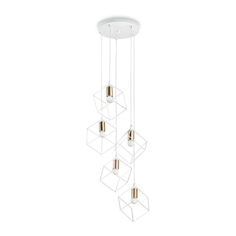 Ice Pendelleuchte 5-flammig mit modernen, transparenten Geometrie-Elementen in Gold und Weiß.