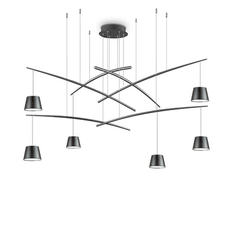 LED Pendelleuchte Fish 6-flg. Schwarz mit sieben abgehängten LED-Schirmen in modernem Design.