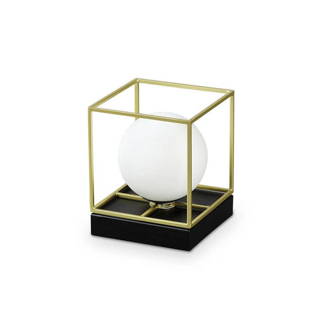 Lingotto bordlampe guld med firkantet stel og rund glaskugle.
