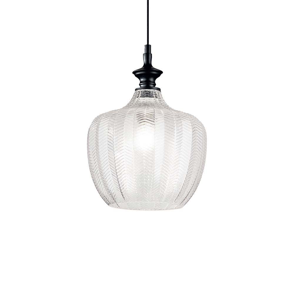 Elegante Lord Glas-Pendelleuchte mit geometrischem Design und schwarzem Metallaufsatz.