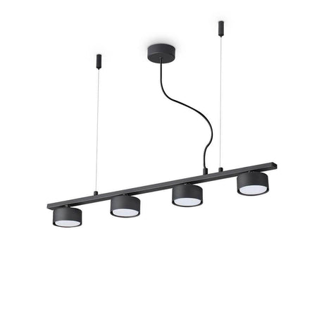 Minor Lineare Pendelleuchte Schwarz mit vier Lampenschirmen und modernen Design.