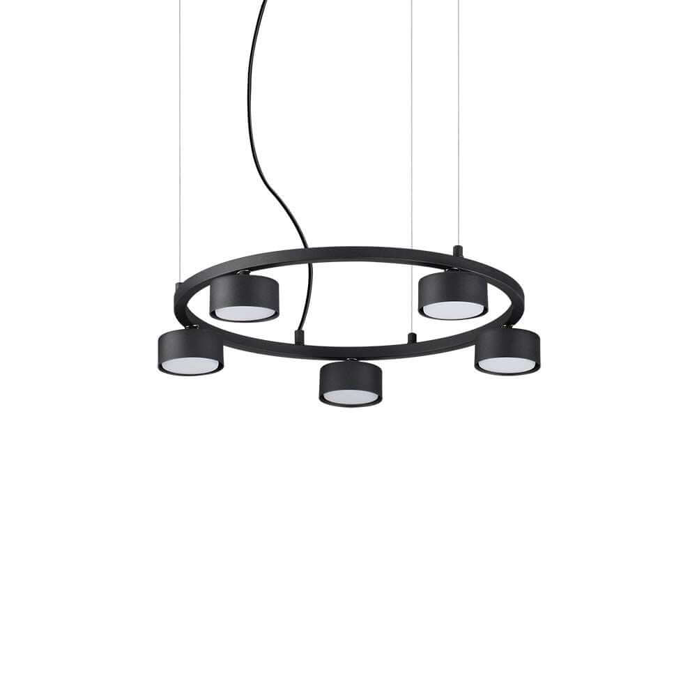 Minor Runde Pendelleuchte Schwarz mit fünf leuchtenden Lampen im modernen Design.