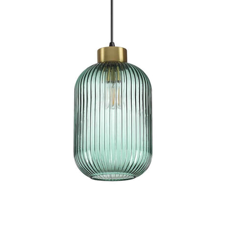 Mint Pendellampe aus Glas mit geriffeltem Design und goldener Aufhängung.