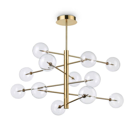 Suspension Equinoxe à 12 flammes en laiton antique avec de élégantes sphères en verre et un design moderne.