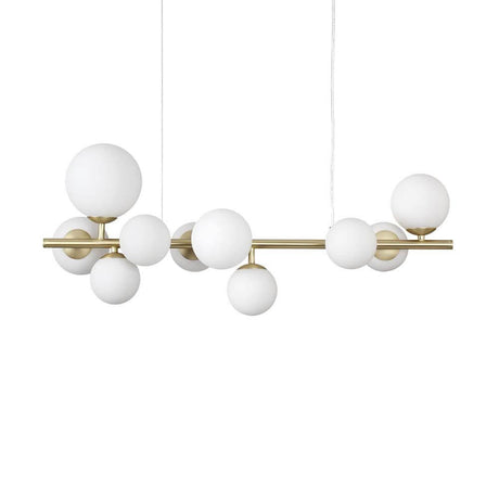 Perlage Hängeleuchte 10-flammig Glas Metall mit eleganten, weißen Glaskugeln und goldener Halterung.