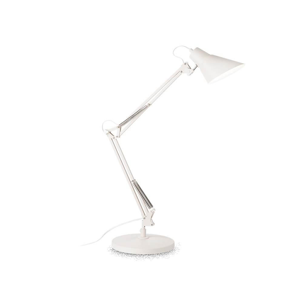 Sally Tischleuchte Metall in modernem Design mit verstellbarem Arm und weißem Lampenschirm.
