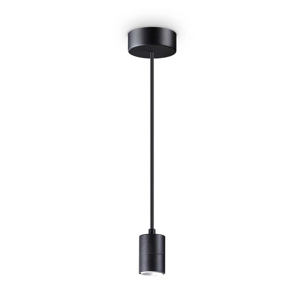 Schlichte schwarze Pendellampe mit langem Kabel und runder Deckenmontage für modernes Lichtdesign.