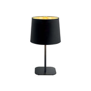 Tischleuchte Nordik Tl1, schwarze Stoffleuchte mit goldenem Innenleben, auf quadratischem Metallsockel