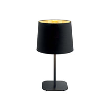 Tischleuchte Nordik Tl1, schwarze Stoffleuchte mit goldenem Innenleben, auf quadratischem Metallsockel