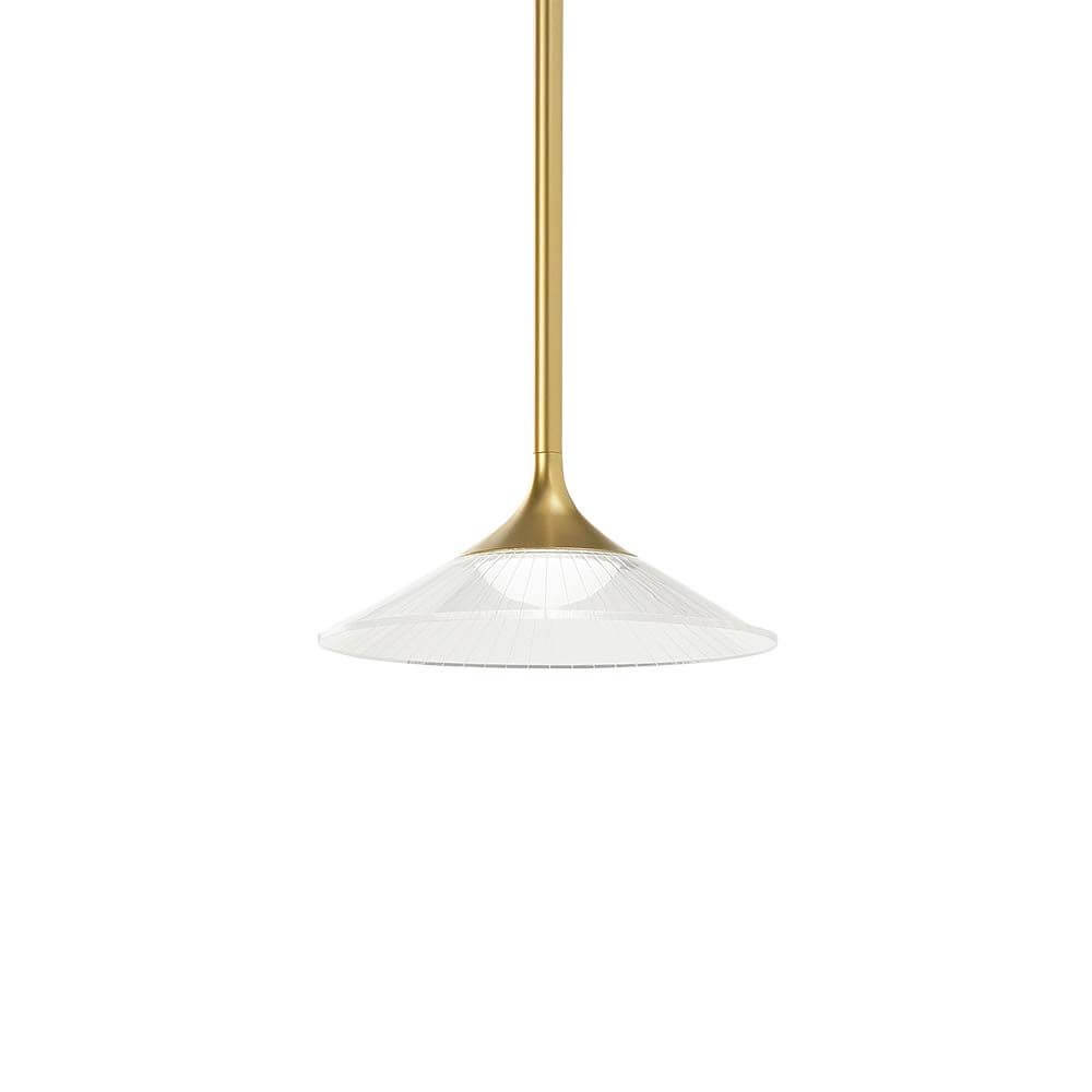 Elegante Tristan LED Pendelleuchte mit goldfarbener Aufhängung und weißem Lampenschirm.